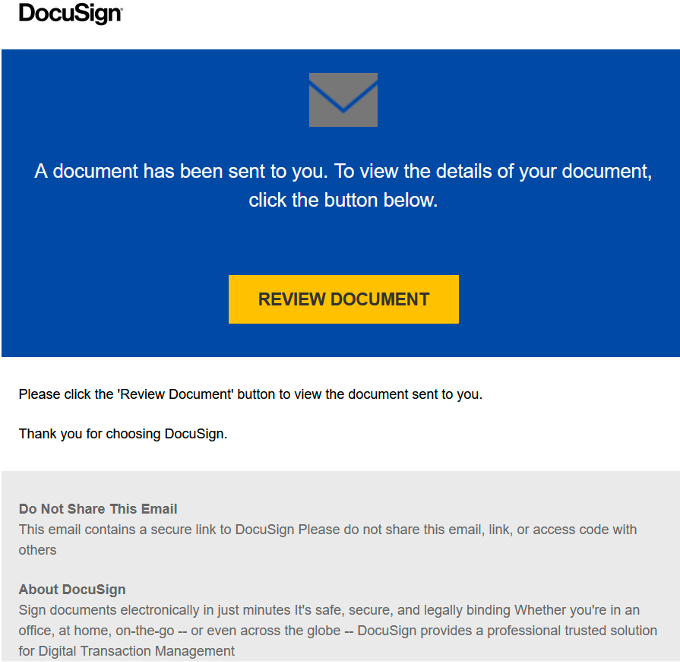A fake DocuSign-branded notification with the heading "A document has been sent to you. To view the details of your document, click the button below."