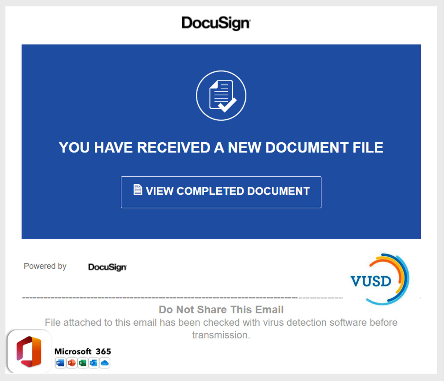 A fake DocuSign-branded notification stating "YOU HAVE RECEIVED A NEW DOCUMENT FILE"