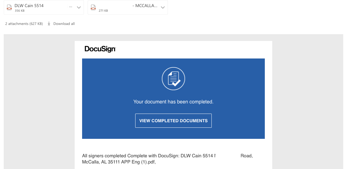 A fake DocuSign-branded notification with the heading "Your document has been completed".