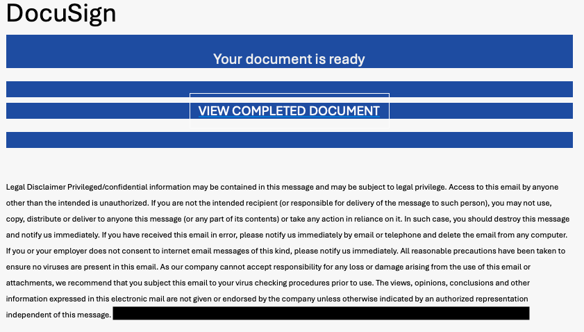 A fake DocuSign-branded notification with a View Completed Document button.