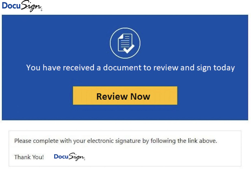A fake DocuSign-branded notification with a Review Now button.