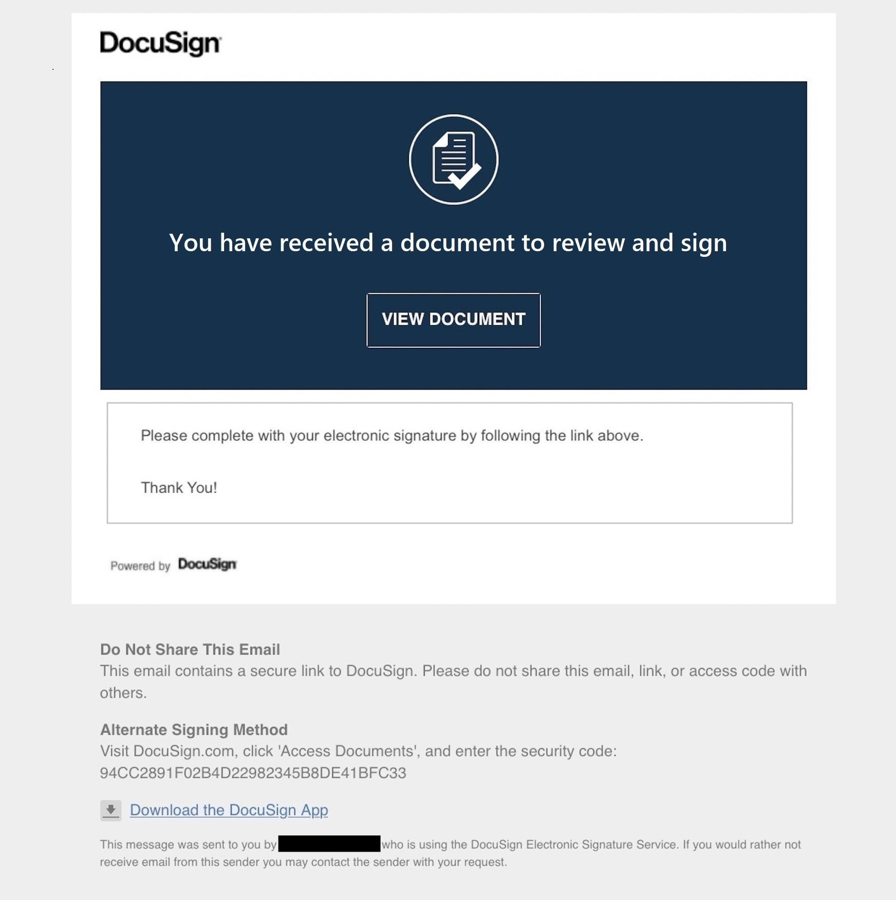 A fake DocuSign-branded notification with the heading "You have received a document to review and sign".