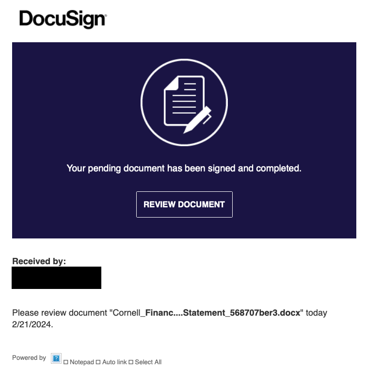 A fake DocuSign notification for "Cornell _Financ....Statement_568707ber3.docx"
