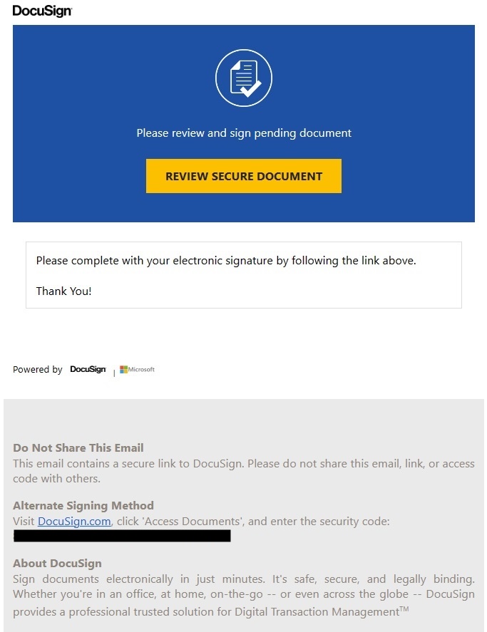 A fake DocuSign-branded notification with a Review Secure Document button.