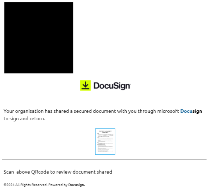 A fake DocuSign-branded notification with a QR code above the branding