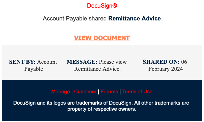 A fake DocuSign-branded notification for Remittance Advice.