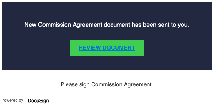 A fake DocuSign notification with the heading "New Commission Agreement document has been sent to you.""