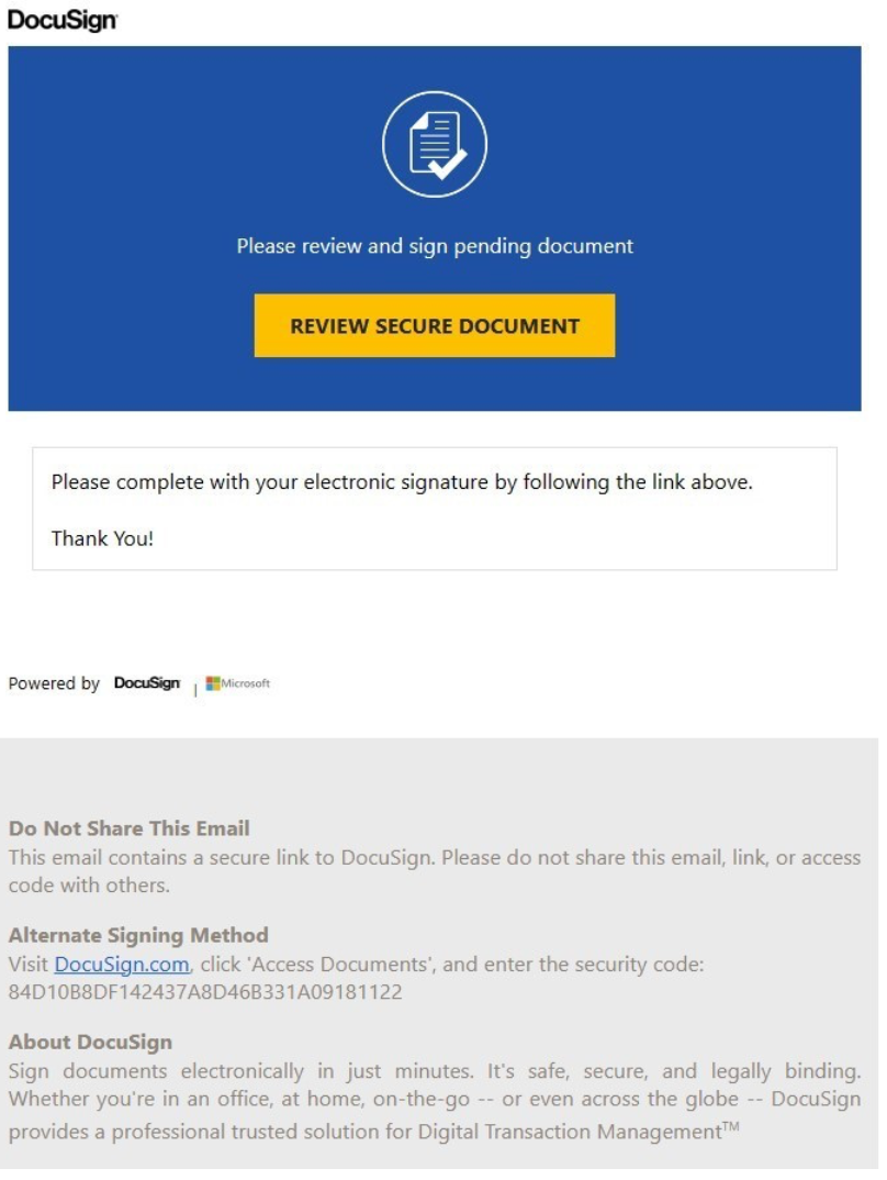 A fake DocuSign notification with the heading "REVIEW SECURE DOCUMENT".