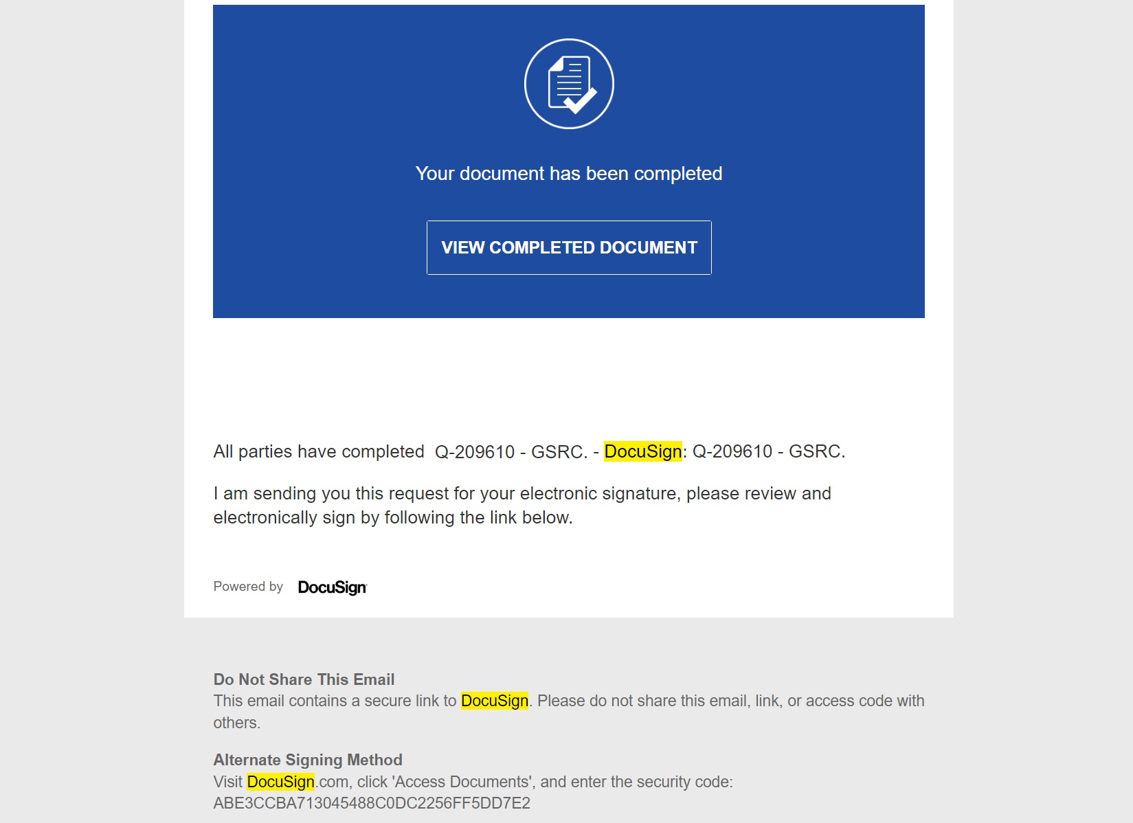 A fake DocuSign-branded notification stating "Your document has been completed" with a "View Completed Document" button for a document titled "Q-209610 - GSRC".