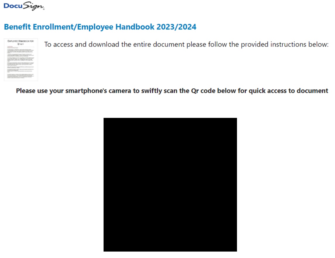 A fake DocuSign-branded notification prompting the recipient to scan a QR code to view a "Benefit Enrollment/Employee Handbook" document.