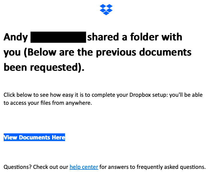 A fake Dropbox-branded notification stating "Andy [Surname] shared a folder with you".