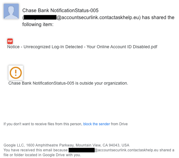 A Google Drive file share notification for a malicious PDF titled "Notice - Unrecognized Log-In Detected - Your Online Account ID Disabled.pdf"