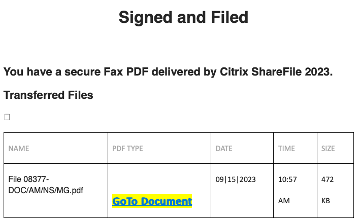A fake document notification with the heading "Signed and Filed, You have a secure Fax PDF delivered by Citrix ShareFile 2023" with a "GoTo Document" link.