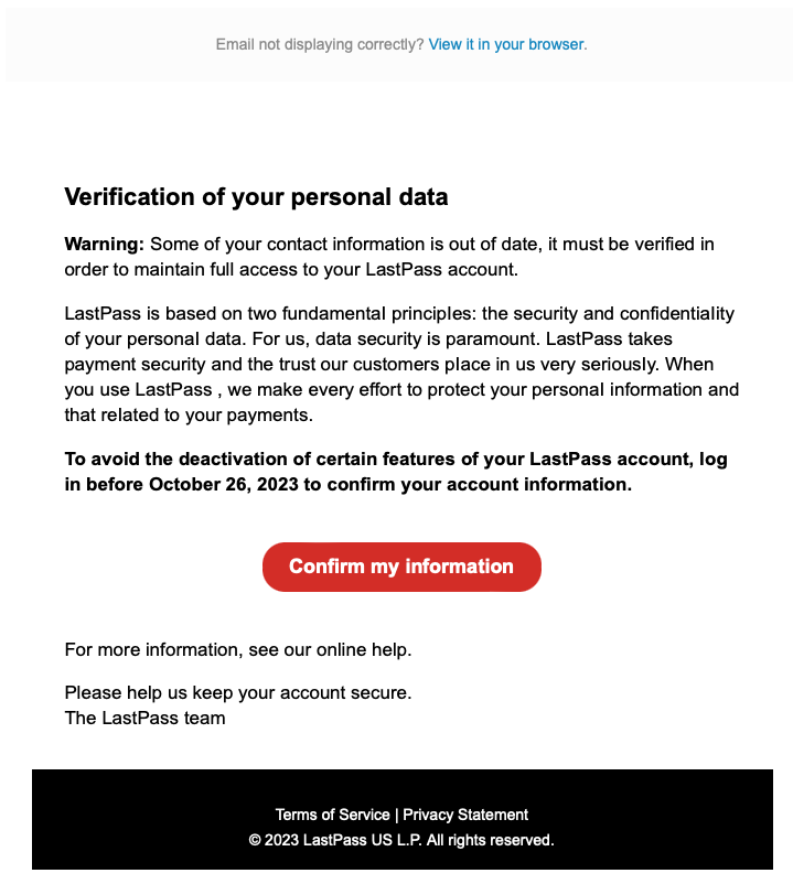 A fake LastPass-branded notification with the heading "Verification of your personal data" with a red "Confirm my information" button.