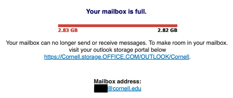 A fake Outlook notification stating "Your mailbox is full" directing the recipient to log in to a fake portal.