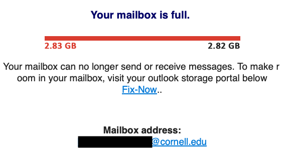 A fake Microsoft Exchange "Your mailbox is full" notification.