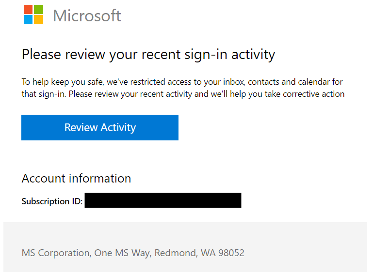 A fake Microsoft-branded notification to review sign-in activity