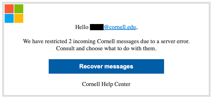 A fake Microsoft-branded notification with a "Recover messages" button.