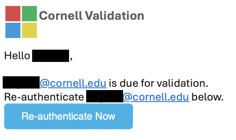 A fake Microsoft-branded notification stating a user's Cornell email is up for validation.