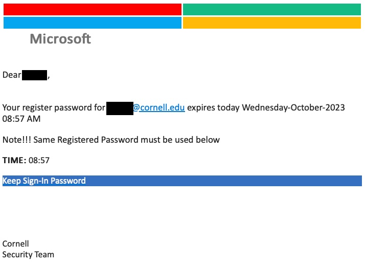 A fake Microsoft-branded notification stating a user's password expires today with a "Keep Sign-In Password" link.