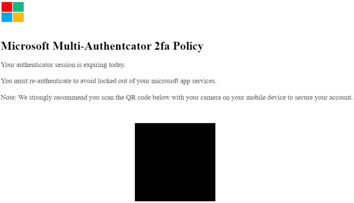 A fake Microsoft-branded notification with the heading "Microsoft Multi-Authentcator 2fa Policy" and a QR code.