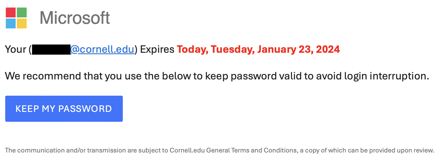 A fake Microsoft-branded password expiration notification for a Cornell University email.
