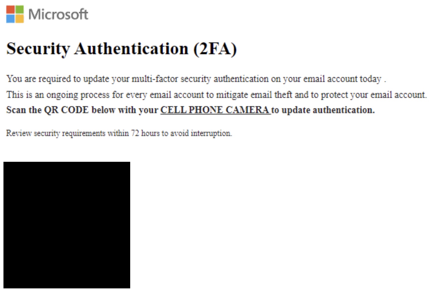 A fake Microsoft-branded notification with the heading "Security Authentication (2FA)" directing the recipient to scan a QR code to update their password.