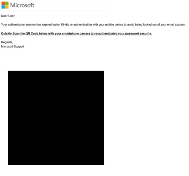 A fake Microsoft-branded notification with a QR code stating "Your authenticator session has expired today" prompting the recipient to scan the QR code.