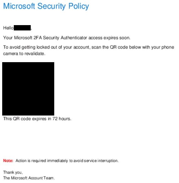 A fake Microsoft-branded notification with the heading "Microsoft Security Policy" asking the recipient to scan a QR code to prevent being locked out of their account.