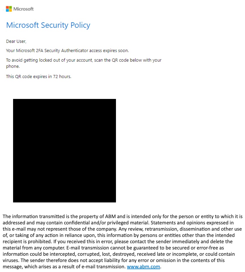 A fake Microsoft-branded notification with the heading, Microsoft Security Policy, prompting the recipient to scan a QR code to avoid getting locked out of their account.