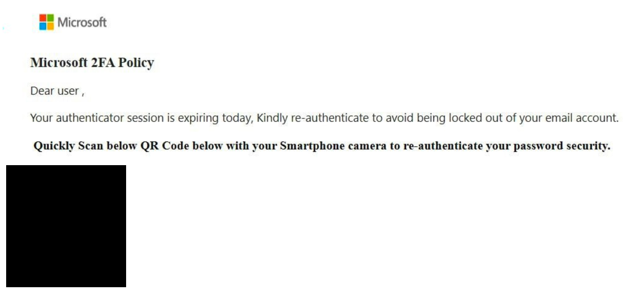 A Microsoft-branded notification with the heading, Microsoft 2FA Policy, asking the recipient to scan a QR code.