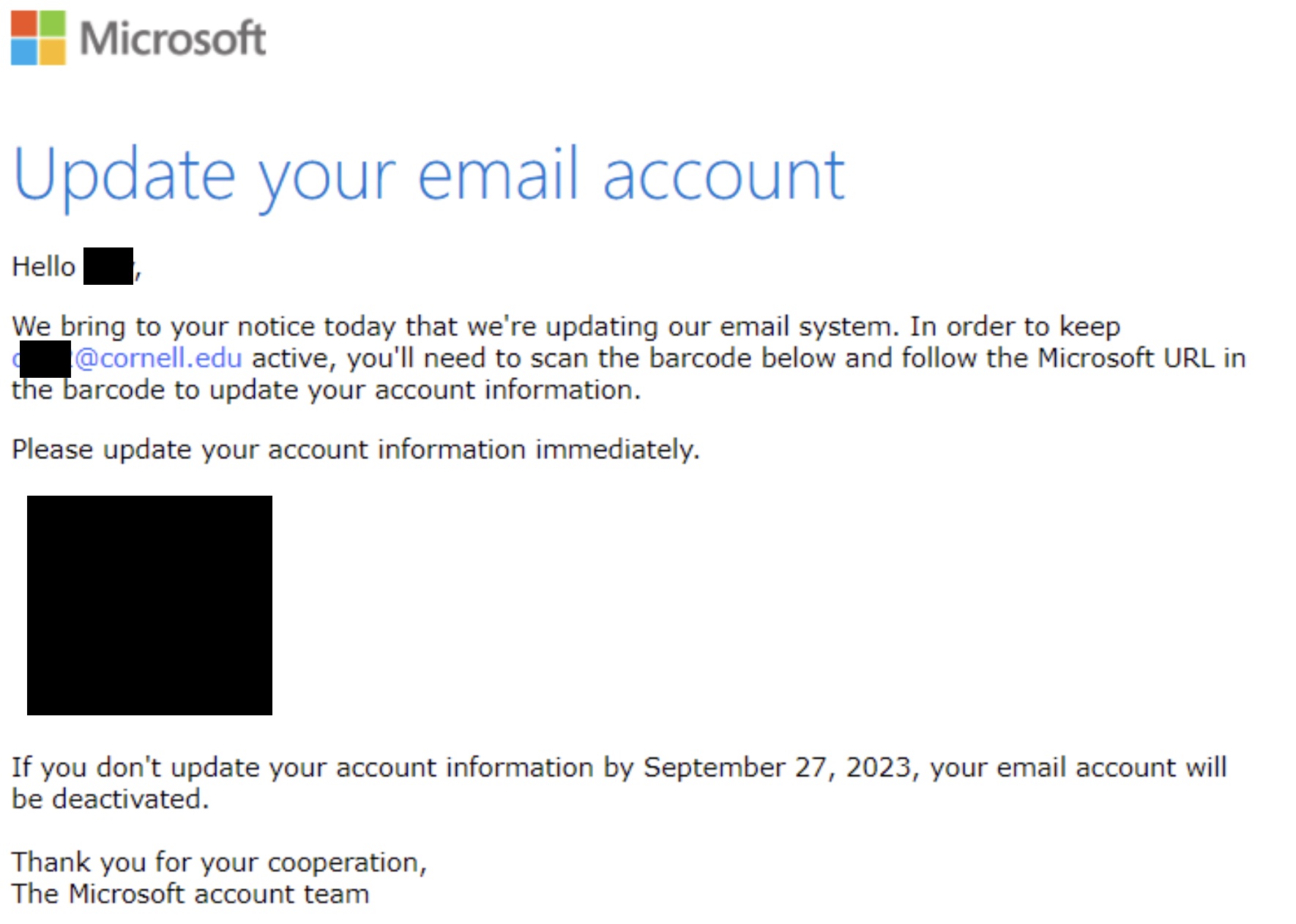 A fake Microsoft-branded notification with the heading "Update your email account" asking the recipient to scan a QR code.