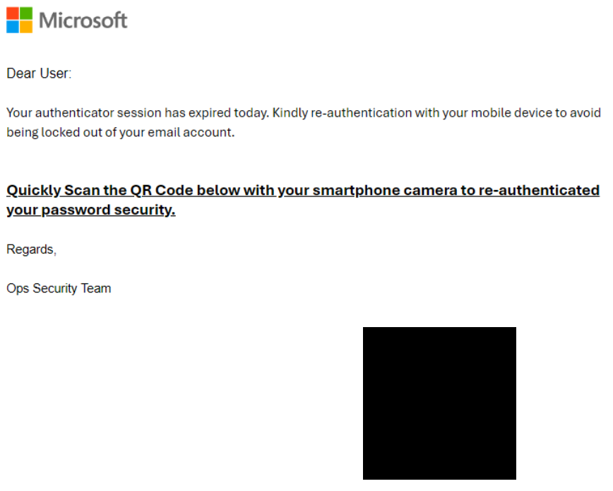 A fake Microsoft-branded notification asking the recipient to scan a QR code to avoid being locked out of their email account.