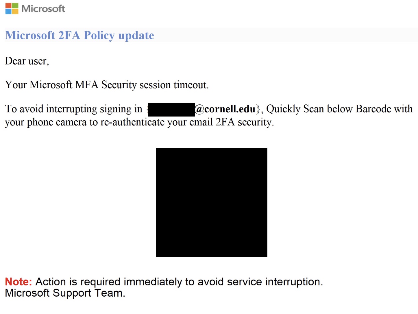 A fake Microsoft-branded notification with the heading "Microsoft 2FA Policy Update" asking the recipient to scan a QR code.