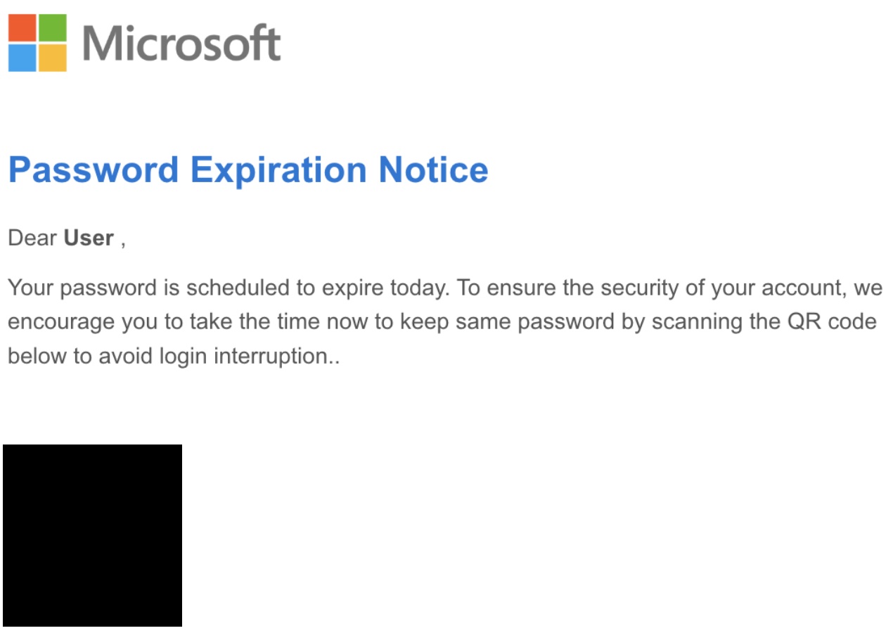 A fake Microsoft-branded notification with the heading "Password Expiration Notice" directing the recipient to scan a QR code to keep their password.