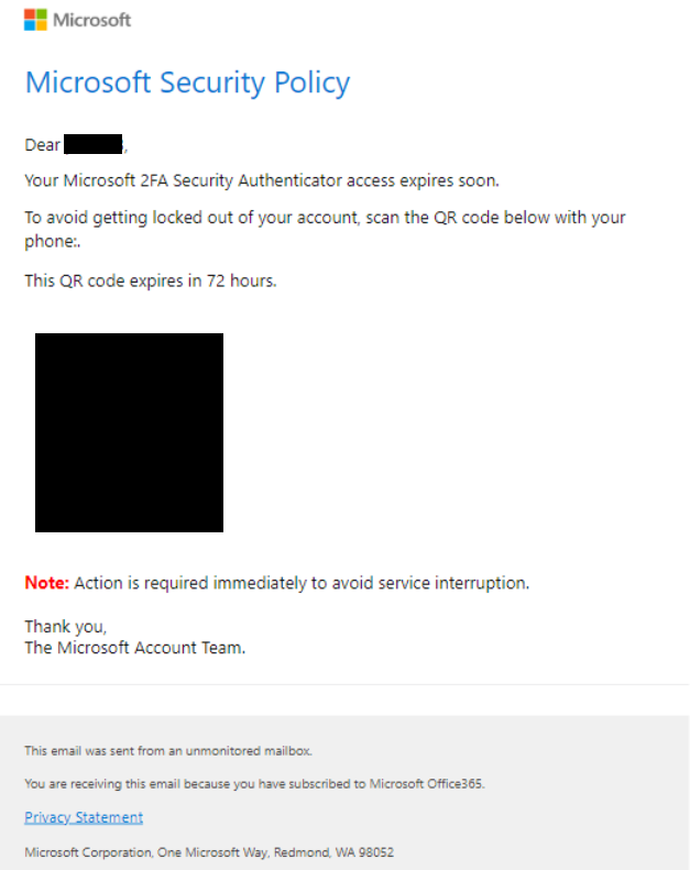 A fake Microsoft-branded notification with the heading "Microsoft Security Policy" directing the recipient to scan a QR code to avoid getting locked out of their account.