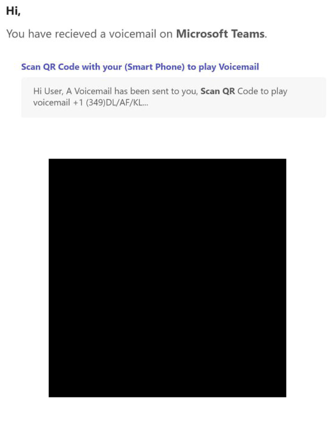 A fake Microsoft Teams notification asking the recipient to scan a QR code for a voicemail.