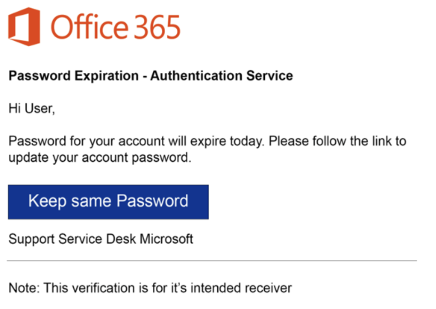 A fake Office 365-branded notification with the heading "Password Expiration - Authentication Service" and a "Keep same Password" button.