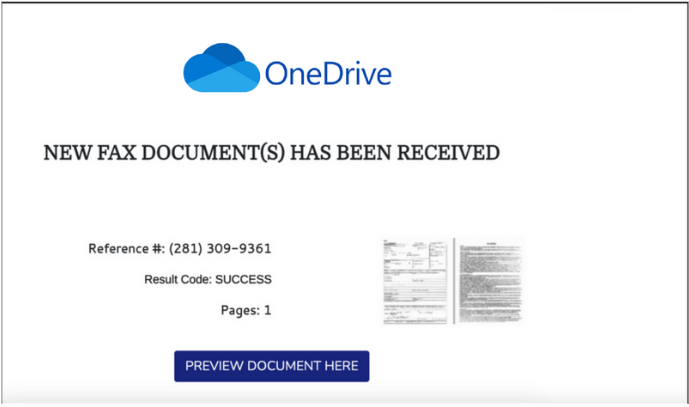 A fake OneDrive-branded notification with the heading "NEW FAX DOCUMENT(S) HAS BEEN RECEIVED"
