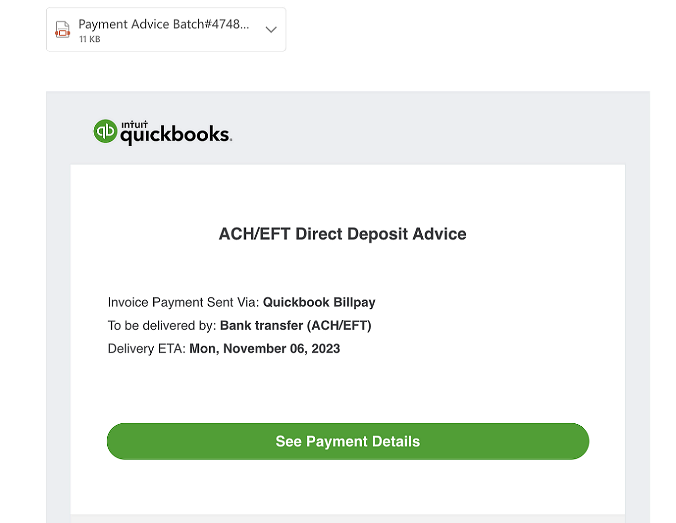 A fake QuickBooks notification for "ACH/EFT Direct Deposit Advice".