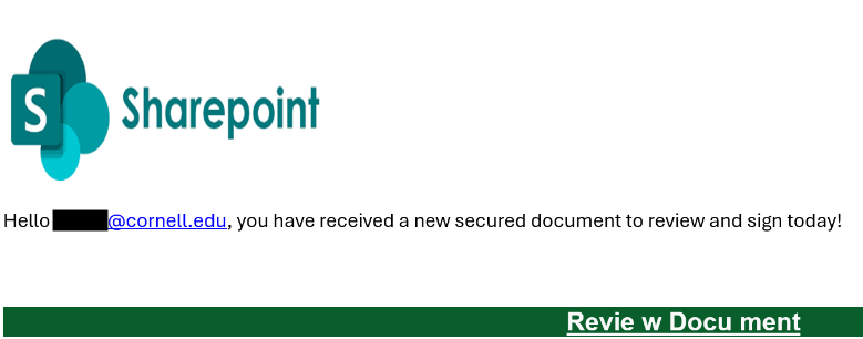 A fake SharePoint notification prompting the recipient to view a document