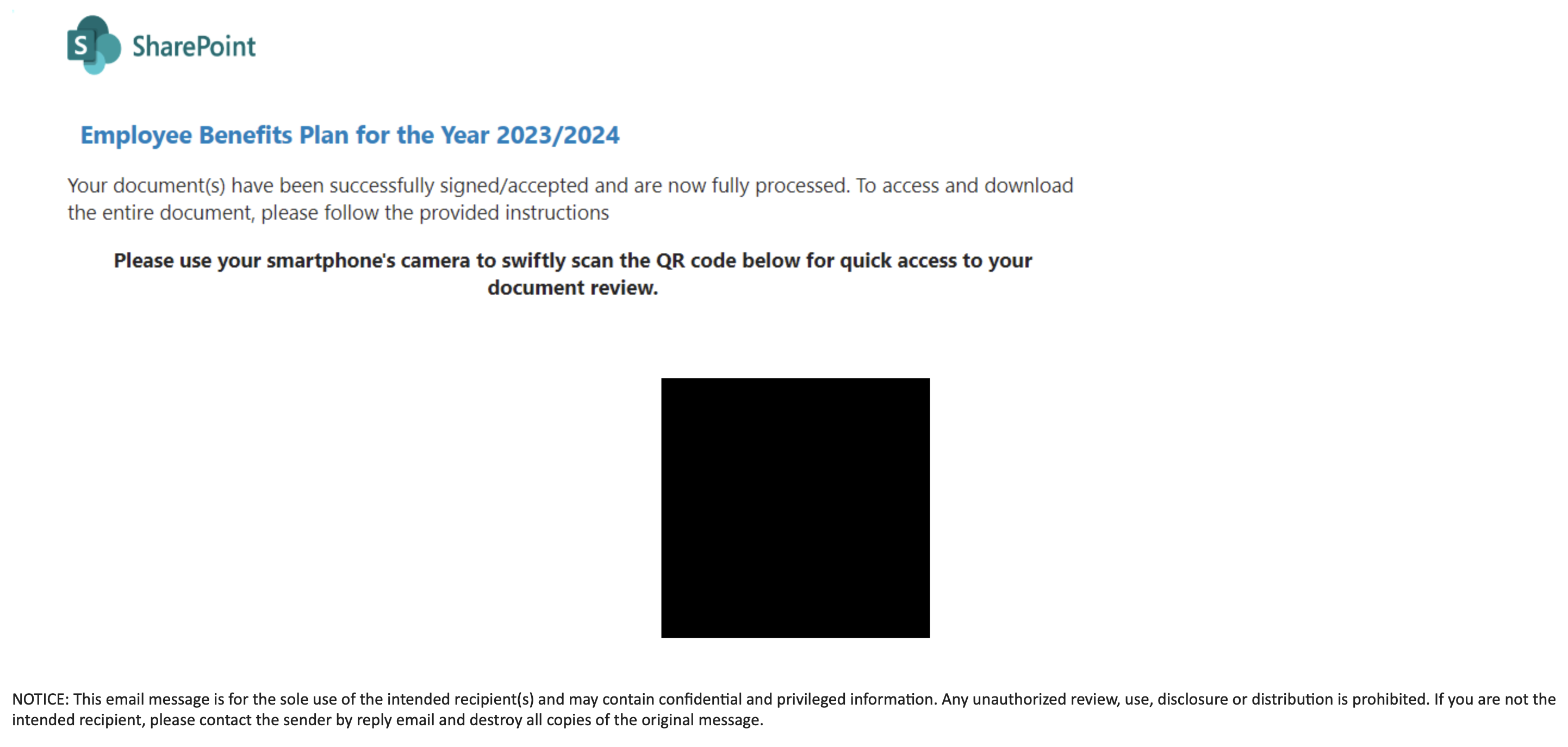 A fake SharePoint-branded notification with the heading "Employee Benefits Plan for the Year 2023/2024" asking the recipient to scan a QR code to view documents.