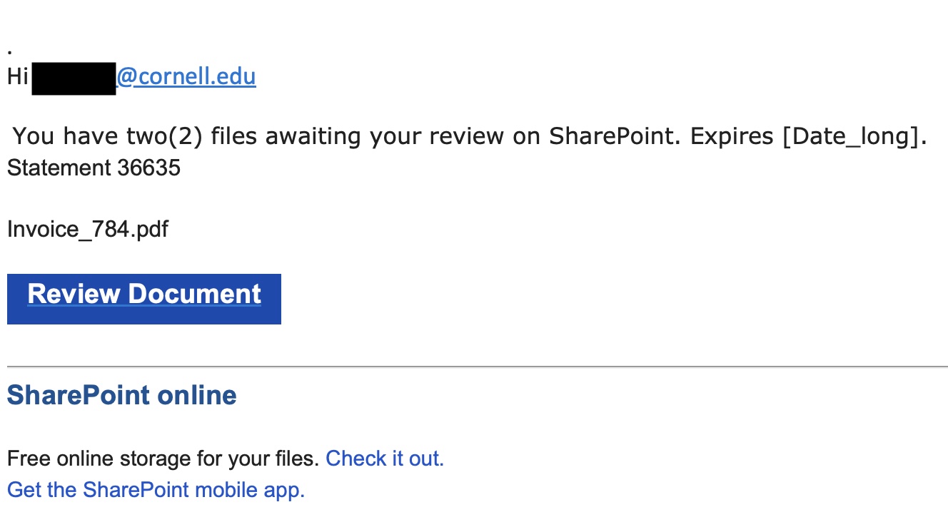A fake SharePoint notification stating "You have two files awaiting your review on SharePoint" referencing "Invoice_784.pdf" with a "Review Document" button.