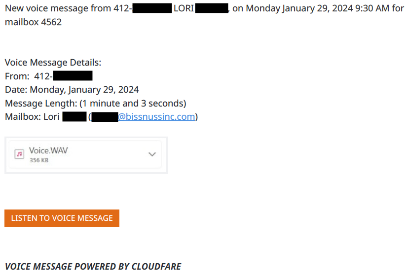 A fake voicemail notification with an orange Listen to Voice Message button