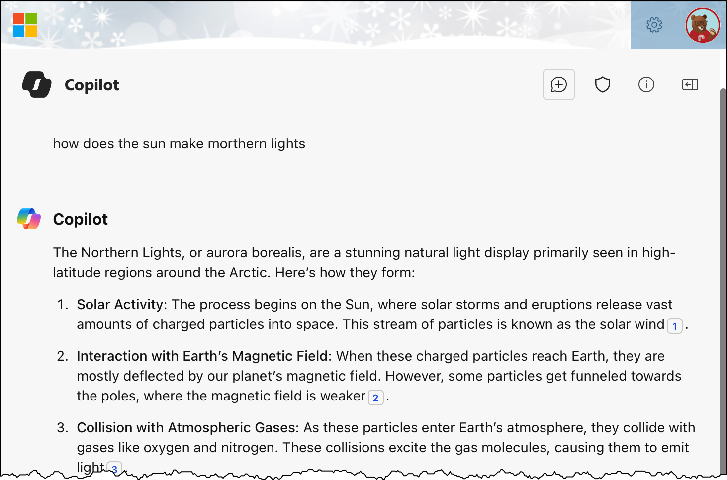 Copilot provides a numbered list that describes how different aspects of solar activity create northern lights.