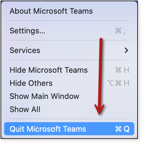 The main menu offers Quit Microsoft Teams (command-Q) as the last option