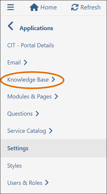TDX menu with "Knowledge Base" circled.