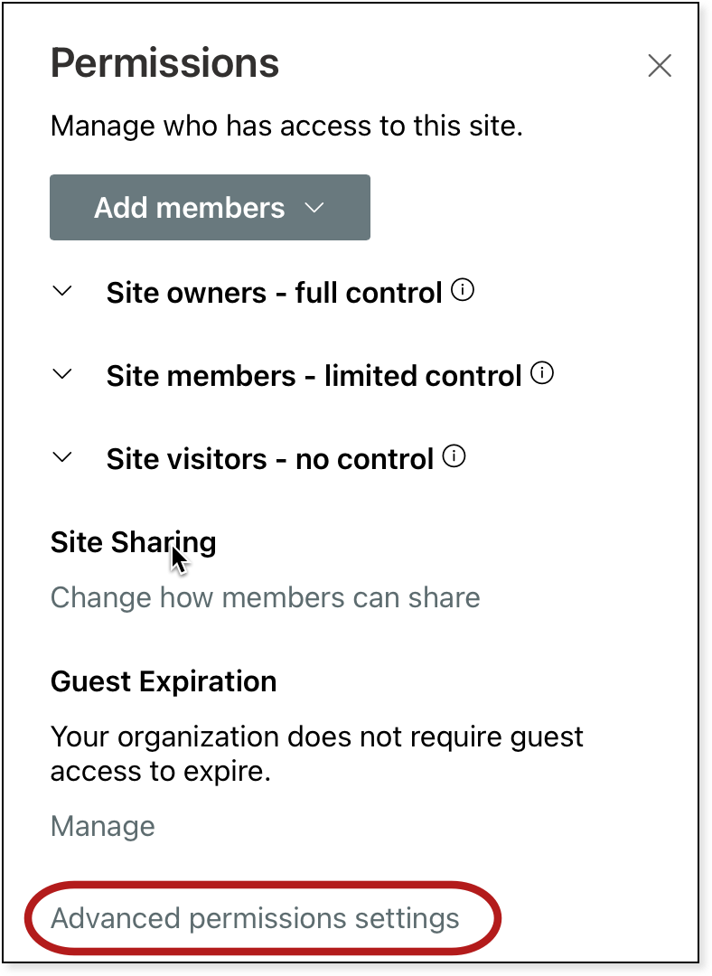 Advanced permissions is the last menu item