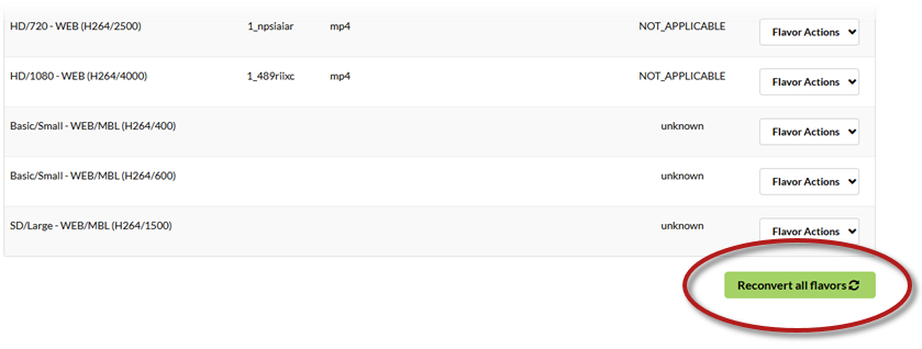 Transcode listings showing unknown statuses and button to Reconvert all flavors.
