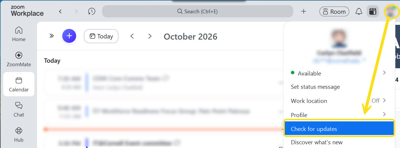 From the desktop Zoom app, select your profile image, then choose Check for updates. Check